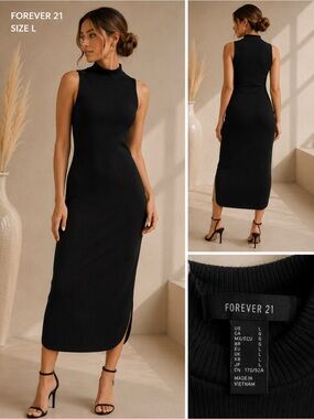 Forever 21 Black Sleeveless Ribbed Mock Neck Midi Dress with Side Slit